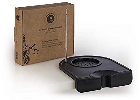 Buddy´s Bar - Barista Edition, Premium Tamperstation mit Baristastift, für alle Tampergrößen, Anti-Rutsch Tampermatte, 12,6 cm x 14 cm, Höhe: 3,5 cm, Andrückstation für Espresso Siebträger, schwarz