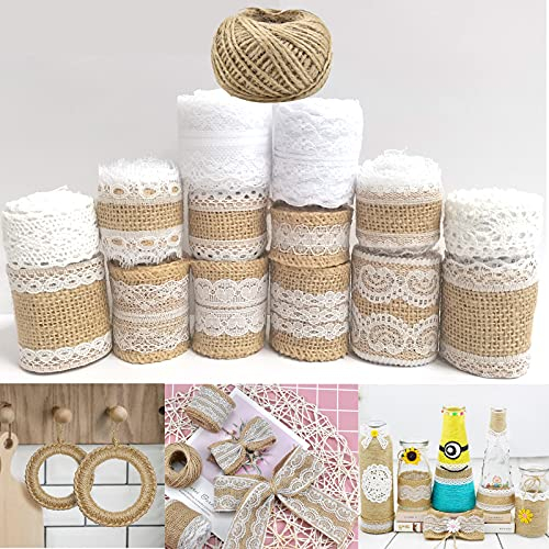 10M Juteband mit Spitze + 13M Spitzenband weiß Vintage + 50M JuteSchnur, Natürliche Jute Bänder, Spitzenbordüre Dekoband Rolle für Geschenkverpackung Hochzeit DIY Basteln Hausdeko(15 Rolle)