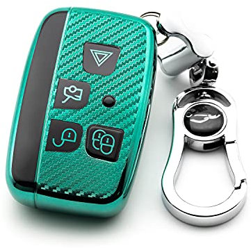 M.JVisun Coque souple en fibre de carbone pour clé de voiture Land Rover Discovery 4/Sport Freelander 2 pour Range Rover Evoque/Sport/Velar avec porte-clés en métal - Vert