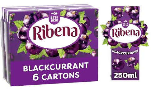 Ribena Blackcurrant Juice Drink Cartons - Multipack 6x250ml; Real Fruit; Rich In Vitamin C; No Artificial Colours or flavours ; Perfect For On The Go