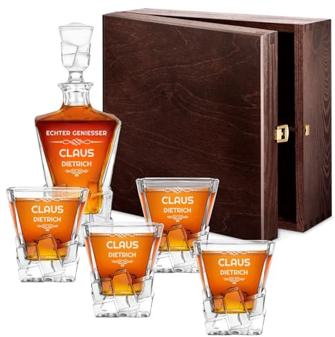 Maverton Ice Blink Whiskey Karaffe + 4er Whiskygläser Set mit Gravur | Whiskey Dekanter, luxuriöses Design, Kristallglas, für Männer zum Geburtstag, Zierde