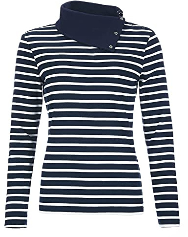 modAS Damen Langarmshirt Shirt mit Kragen mit Knopfleiste - Streifenshirt Ringelshirt Shirt für Frauen Langarm aus Baumwolle Blau/Weiß Größe 36