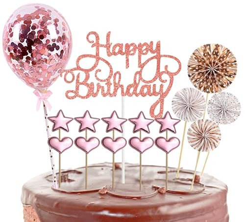 Decoration Gateau Anniversaire Fille,16 Pièces Joyeux Anniversaire Cake Topper,Happy Birthday Gateau Decoration,Rose avec Or Confettis Ballon Star Décor pour Fête d'anniversaire