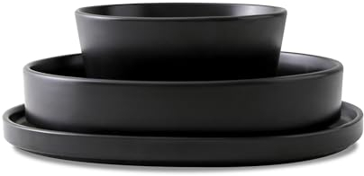 Stone Lain Celina Stoneware 12-Piece Dinnerware Set, Cereal and Pasta Bowls, Black, Coupe