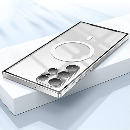 Luxury Metal Frame Magnetic Phone case For Samsung Galaxy S21 S22 Ultra Plus Glass Lens Camera Protection Back Cover,Silver,For Samsung S22 Plus