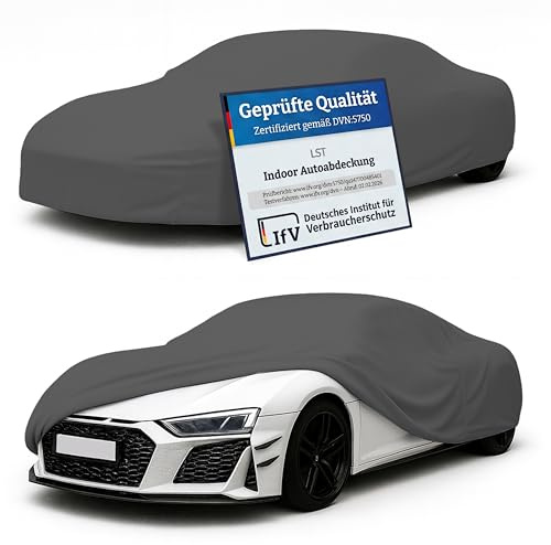 LST Autoabdeckung Indoor – lackschonende und Dehnbare Autogarage. Car Cover Innenbereich für Autohäuser und Endverbraucher. Auto Abdeckplane schützt vor Sonne, Staub. (Grau, L (450x140x120cm))