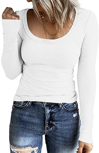 TrendiMax Maglie Donne Manica Lunga Scoop Girocollo Maglia Sexy Maglietta Elegante Jersey Basic T-Shirt Top Bianco L