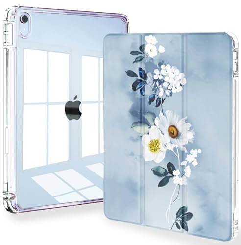 Feams iPad Air Case - Clear Back with Auto Sleep & Pencil Holder for iPad Air 5/4, 11-inch M2 (2024), Blue Floral