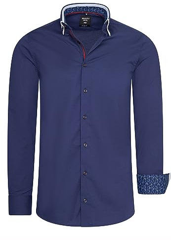 Rusty Neal Freizeit Hemd im Individuellem Kontrast Design Slim Fit Stretch Langarm mit Doppeltem Kragen 023, Farbe:Marine, Größe S-3XL:L