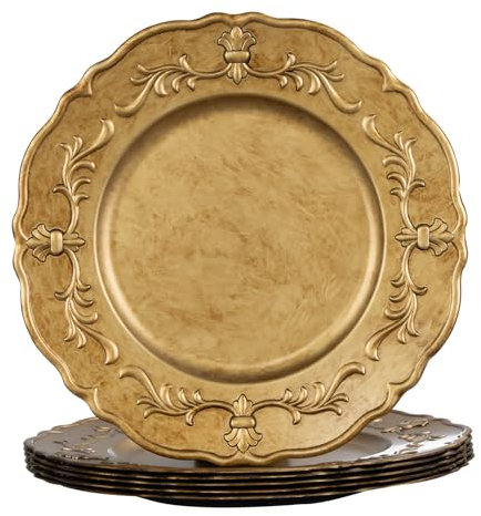 MAONAME Antik Gold Geprägte Platzteller, 33 cm Kunststoff Teller Ladegeräte Set mit 6 runden Ladegeräten für Speiseteller, Tischladegeräte für Hochzeit, Party
