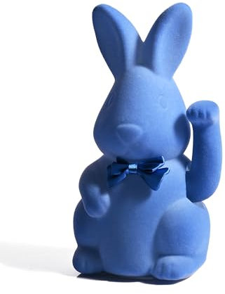 WDS WONDROUS Blaue Osterhasen-Figur, Dekoration, beflockter Kunststoffhase, niedliche Osterhasen-Statue für Tischdekoration, Glückskaninchen, winkender Arm für Kinder, Geschenk