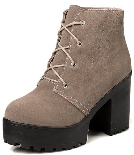 Diuniarza Stivaletti da Donna con Tacco Alto Punta Rotonda Stivaletti Invernali Chunky Stivali Corti Cordoncino con Plateau, 13395Ofy Apricot/Dl Numero 34 EU