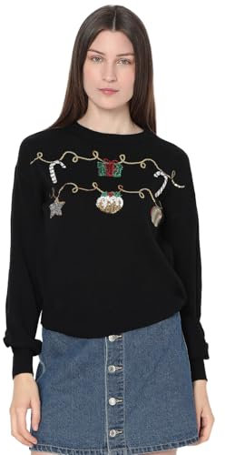VERO MODA Damen Weihnachts Strick-Pullover VMNew Garland Weihnachten X-Mas Pulli 10313195 Black/Sequins Artwork M