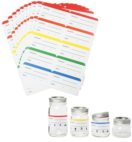 JUGNAW 100 Etiquetas Adhesivas para Congelador y Tarros de Especias, Resistentes al Frío, Fáciles de Despegar, Multicolor, para Organización de Alimentos y Cocina, con Espacios para Contenido y Fecha
