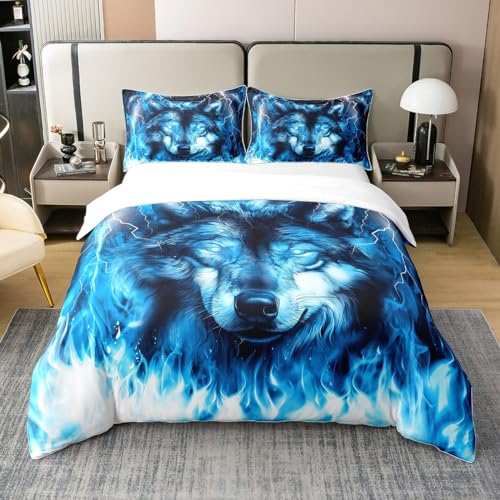 Loussiesd Wolf Bettbezug Set 100% Baumwolle Safari Tiere Muster Cool Wildlife Style Bettwäsche Set 100% Baumwolle für Kinderzimmer Glitter Blau Wild Wolf Bettwäsche Set 135x200cm mit 1 Kissenbezug