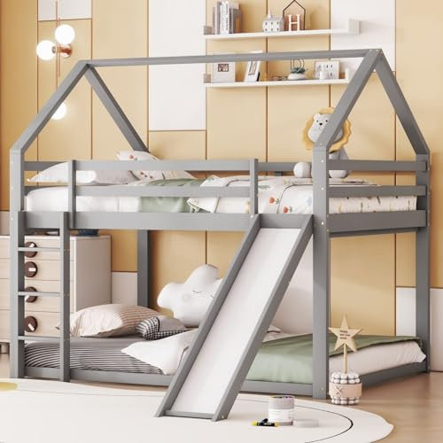Sweiko Lit superposé pour Enfants 140x200cm, Cadre de lit superposé avec Toboggan et échelle, lit superposé en Hauteur pour Chambre d'enfant,Grau