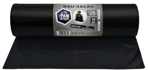 PAM-FOLIE Müllsäcke 120L - Extra Dicke, Starke Abfallsäcke - Bausäcke - 100µm - 70x110cm - schwarze Müllbeutel - Bauschuttsäcke - Müllsäcke für Schutt, Professional