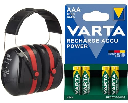 3M PELTOR Optime III Kapselgehörschutz & VARTA Batterien AAA, wiederaufladbar, 4 Stück, Recharge Accu Power, Akku, 1000 mAh NI-MH, ohne Memory Effekt, vorgeladen, sofort einsatzbereit