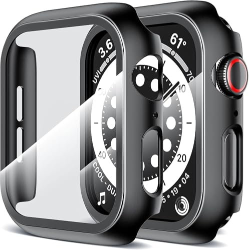 LK 2 Pack Hard Case for Apple Watch SE/Series 6/5/4 44mm, Built-in 9H Tempered Glass Screen Protector, Overall Protective Cover, HD Clear High Sensitivity, Protector Cover for iWatch SE/6/5/4 44mm