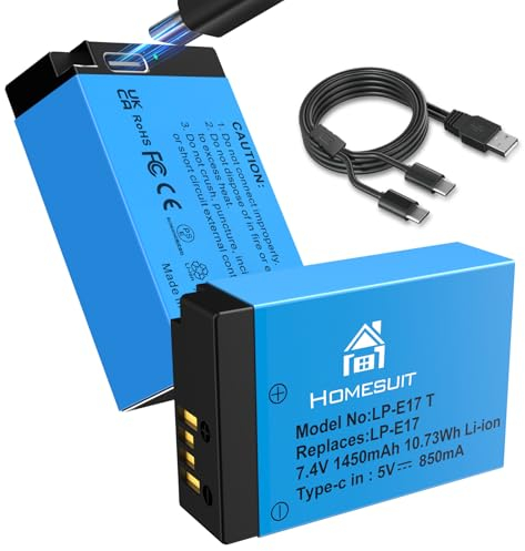 Homesuit LP-E17 Akku 1500mAh und 2-in-1 USB-C Ladekabel für Canon EOS R10 R50 RP R8 Rebel SL3 SL2 T8i T7i T6i T6s EOS M3 M5 M6 M6 Mark II 200D 250D 77D 750D 760D 800D 8000D Kamera (2er-Pack)