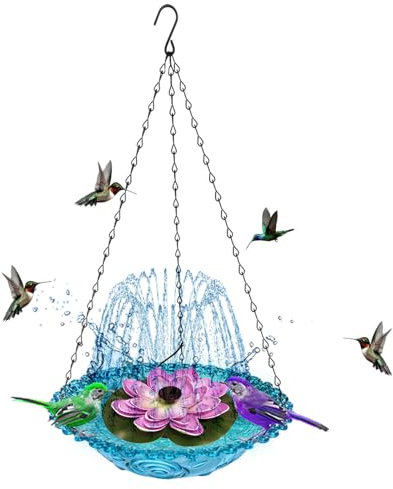 Bain D'oiseaux à Suspendre avec Fontaine Solaire avec Motif de Feuilles de Fleurs, Bain D'oiseaux en Plastique avec 3 Chaînes, Ventouses en Caoutchouc pour la stabilité, Idéal