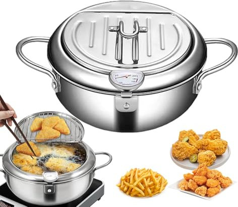 Freidora de aceite de acero inoxidable | Con termómetros, cocina de inducción doméstica, olla profunda, freidora grande, olla de sopa, estante de drenaje extraíble para cocinar calamares crujientes