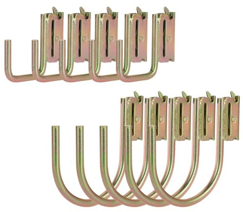 SUMTree 10 ganchos de almacenamiento de acero al carbono para garajes, color dorado, para sótano, taller, jardín, para mochila, ropa, pala, herramientas, manguera, rastrillo (gancho J E-Track)