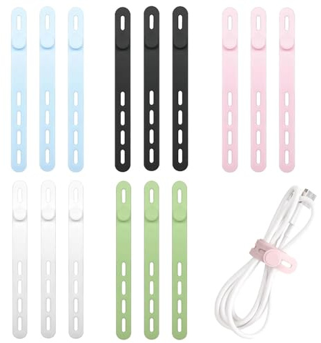 Litoott Lot de 15 attaches de câble en silicone réutilisables, réglables pour regrouper et fixer des cordons de câble, sangles de câble en silicone pour cordon élastique multifonction