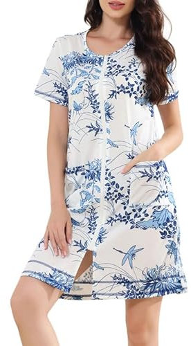 YARISNEY Bademantel mit Durchgehendem Reißverschluss für Damen Lässiger Rundhalsausschnitt Kurzer Bademantel Weicher Strick Brautnachthemd (Blaues Muster, L)