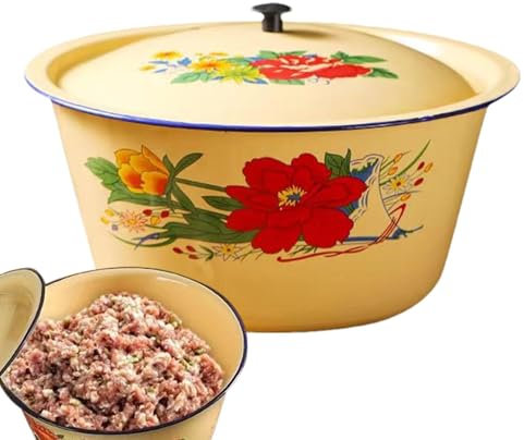 Bol mélangeur en émail – Boîte à gâteau avec bac d'assurance, petit bac à soupe en émail, grand saladier | Bassin à gâteau nostalgique à l'ancienne avec couvercle, bac de rangement en émail pour