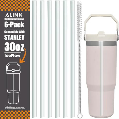 ALINK Replacement Straws for Stanley Iceflow 30oz Flip Tumbler, 6 Pack Reusable Clear Plastic Straws Compatible with 30oz Stanley IceFlow Cup with Cleaning Brush, Angled Design, Dishwasher Safe