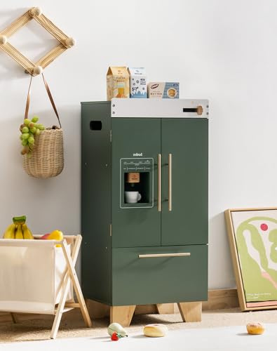 ROBUD Wooden Toy Fridge | Kids Toy Kitchen Refrigerator with Beverage Dispenser & Accessories, Interactive Toy Fridge for Pretend, Gifts for Girls Boys Toddlers Toy Age 3+