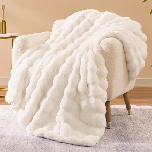 Weaveinbay Kunstpelz-Decke, Flauschige weiche Plüschdecke mit Dicker Bubble-Kaninchenfellstruktur für Bett, Couch, Sofa, Beige, 203 × 230 cm