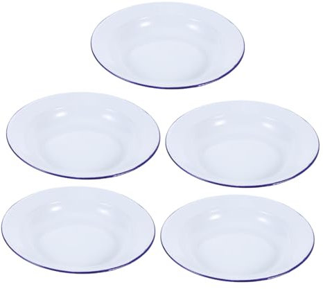 TIDTALEO Rustic Round Enamel Plates 5 Piece Set Hot Pot Baking Dinnerware White Blue Accents for Home or Restaurant