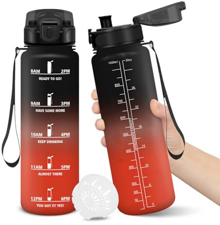 Gourde, 1000ML Sans BPA, Gourde sport, Conception de Verrouillage Anti-Fuite, Bouteille, Avec Horodatage, Bouteille Eau pour École, Yoga, En cours d'exécution, Escalader Des Montagnes - NoirRouge