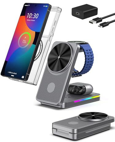 Caricatore Wireless per Samsung, 3 in 1 Pieghevole Ricarica Magnetica | Caricabatterie Wireless Mag-Safe per Galaxy S26 Ultra/S25/S24/Z Fold/Flip 7, per Galaxy Watch Ultra 8/7/6/5/Buds 4 Pro