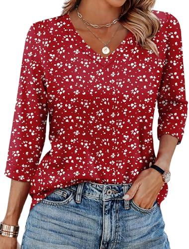 WIHOLL Tops for Women 3/4 Length Sleeve V Neck Casual Tunic Ladies Tops Basic Shirts Loose Fit Blouse Red White Dot Size 26-28