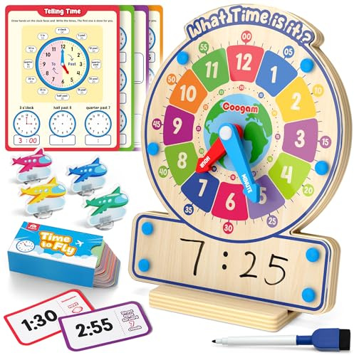 Coogam Wooden Clock Teaching Time Toy, Analog Digital Clock with Fly-Telling Time Board Game, Montessori Time Learning Educational Toy for 3 4 5 Year Old Homeschool Classroom Kids
