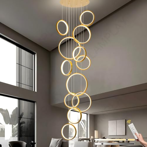LAMPLAY LED-Kronleuchter Für Lange Treppen, Hoher Decke Mit 12 Golden Ringen Lampe, DIY-Höhenverstellbare Pendelleuchte Für Den Eingangsbereich, Dimmbar Mit Fernbedienung 3000K-6000K