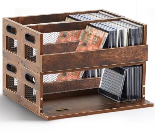 Jetec 4er-Set Retro-CD-Aufbewahrungsboxen, Regal aus Metall und Holz, mit Tragegriffen, Kassettenband-Organizer-Regal für Filmhüllen, DVDs, jedes Set kann bis zu 36 CDs aufbewahren