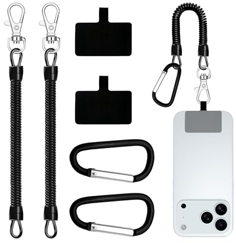 Sariputa 2 Stück Handyband mit flexiblem Spiralkabel, Schwarzen Federkordelbändern für Mobiltelefone, Anti-Diebstahl-Handyband mit Karabiner, passend für die meisten Handys (2 Einlagen, Schwarz)