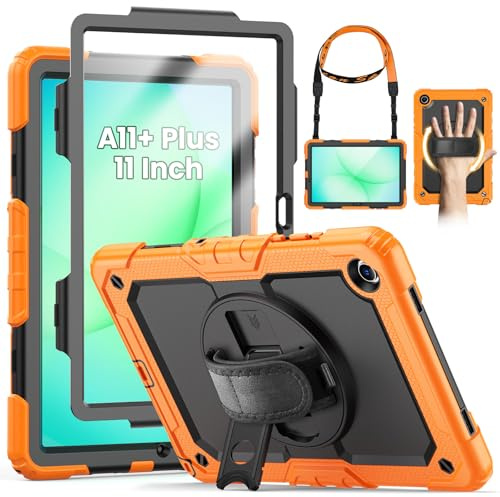 SEYMCY for Samsung Galaxy Tab A11+ Plus Case 11 Inch 2025 | Full Body Shockproof with Screen Protector, Rotating Hand Strap & Stand, Shoulder Strap for Samsung A11+ Tablet Case, Orange