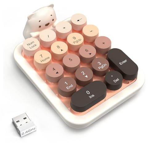 FELiCON Wireless Numeric Keypad, 18-Key Portable Mini Number Pad with Retro Round Key and 2.4G USB Receiver, Removable Cute Bear Silicone Cover for PC, Laptop, Computer, Win, Mac - Milk Tea