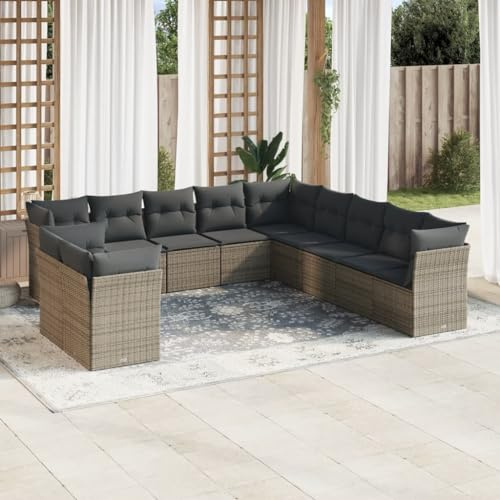 QJBSAVVA 11-TLG. Gartenmöbel-Set Poly-Rattan in Grau 289 x 289 cm Modernes Lounge-Design mit Stauraum & UV-beständigem Geflecht für Terrasse Balkon und Wintergarten