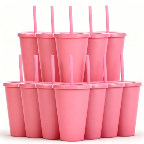 CuppaLifes Reusable Plastic Cups with Lids and Straws, 12 Pack 475ml BPA-Free Travel Cups, for Iced Coffee, Cold Drinks, Parties, Picnics, BBQs & Everyday Tumblers (12, Pink)