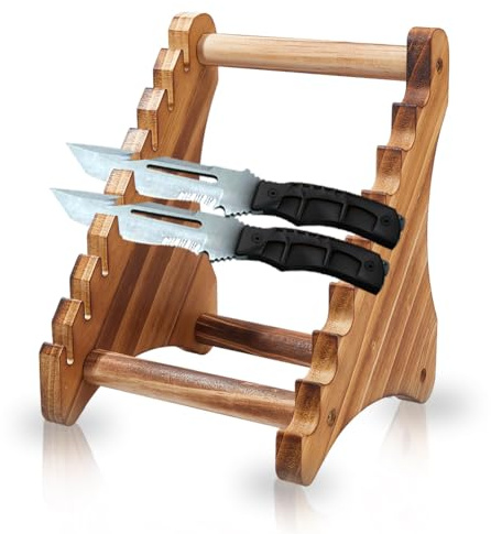 DICOSMETIC 1Set 8-Tier Knife Block Wood Knife Display Stands BurlyWood Knifes Holder Wooden Knifes Display Case 6.69x6.5x8.46 Inch Wood Kitchen Rack for Home Decor