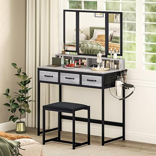 HOMCOM Make-up Waschtisch mit abnehmbarem Triptychon-Spiegel, Waschtisch mit Hocker, 3 Stoffschubladen, Ablagen, Fönständer, Metallkorb, für Schlafzimmer, Ankleidezimmer, grau