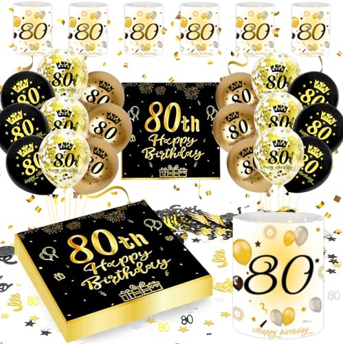 80 Geburtstag Deko Männer Frauen, Schwarz Gold Luftballons 80. Geburtstag | Geburtstagsdeko 80 Jahre, Schwarz Gold Party Deko, Happy 80th Birthday, Latexballons, Laternen, Servietten und Konfetti