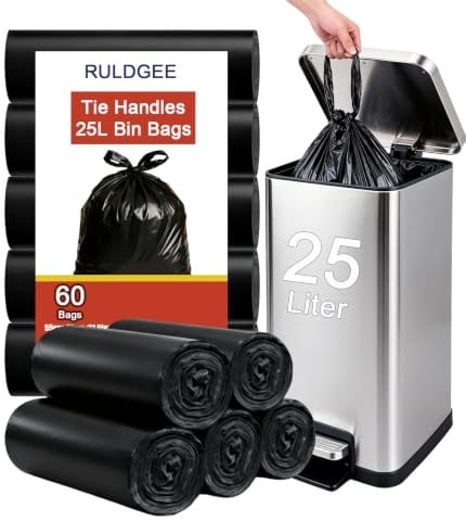 RULDGEE Black Pedal Bin Liners 25L Bin Bags with Tie Handles 60 Bags