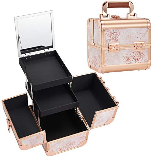 Kosmetikkoffer Schminkkoffer Alu Werkzeugkoffer Nagel Koffer Beauty Case Make up Koffer mit Spiegel Abschließbare, Roségoldenen